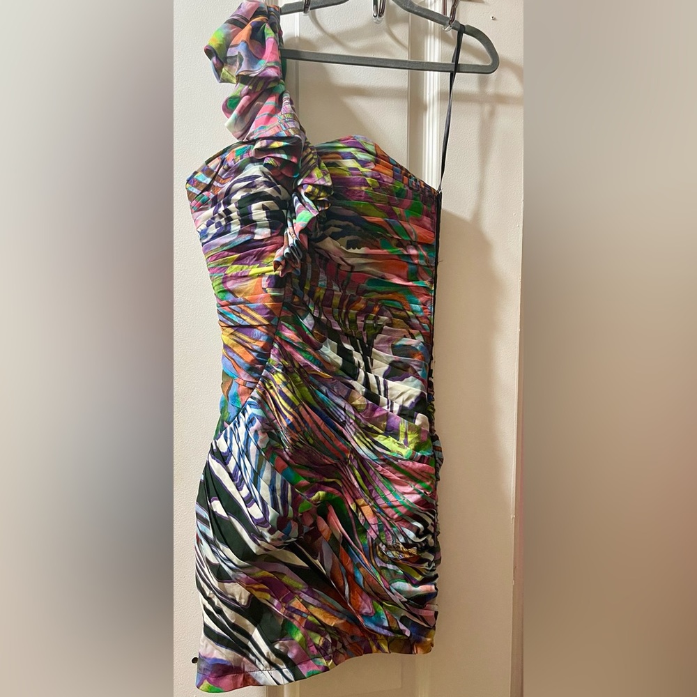 Forever Unique One Shoulder Multi Color Mini Dress - image 1